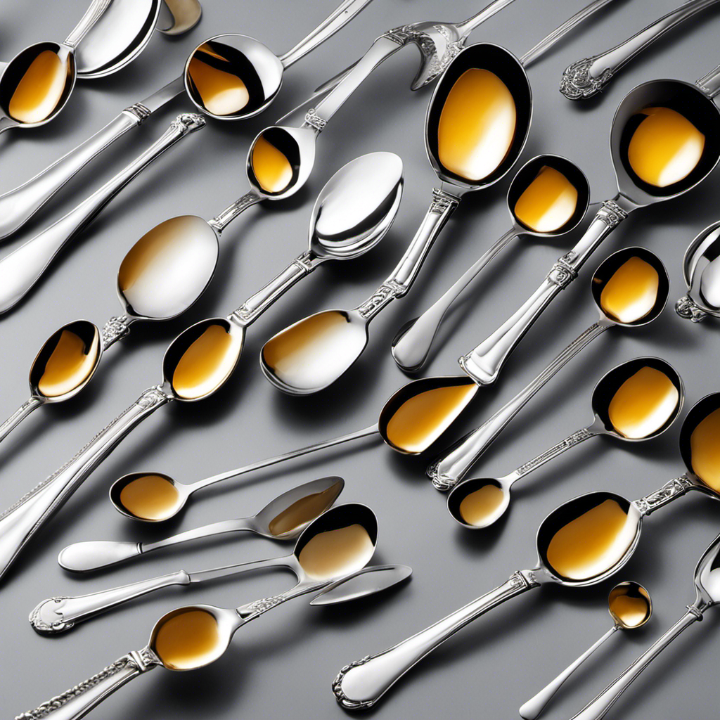 An image showing a collection of delicate, silver teaspoons, each filled with honey