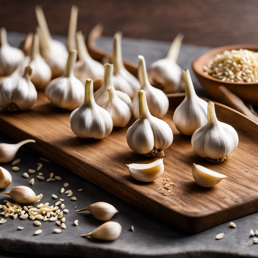An image showcasing ten small garlic cloves, neatly arranged in a row, alongside a stack of delicate, perfectly measured minced teaspoons, clearly depicting their equivalent quantity