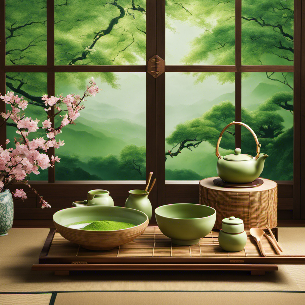 An image that showcases a serene Japanese tea ceremony room adorned with delicate bamboo utensils, where a skilled tea master gracefully prepares vibrant green matcha tea, amid a backdrop of traditional hand-painted cherry blossom motifs