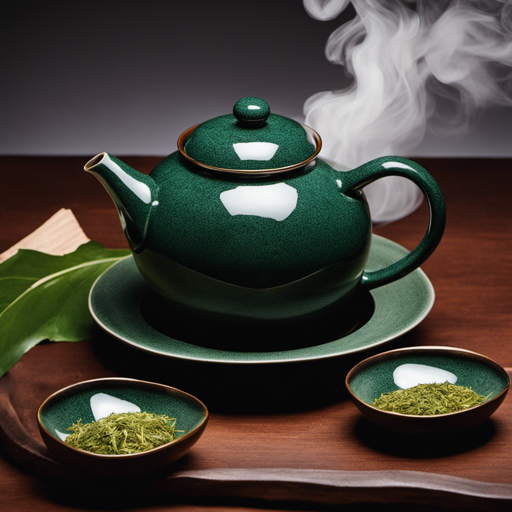 An image capturing the serene essence of brewing gyokuro: a handcrafted kyusu teapot pouring vibrant emerald tea leaves into delicate porcelain cups, as wisps of steam gently rise in the background