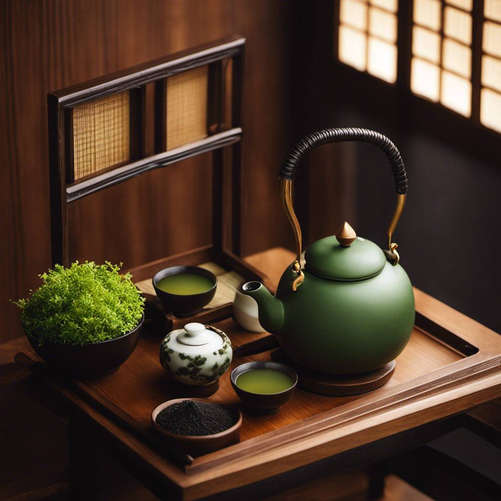 An image showcasing a serene Japanese tea room with a traditional cast iron kettle pouring steaming water into a delicate gyokuro tea set