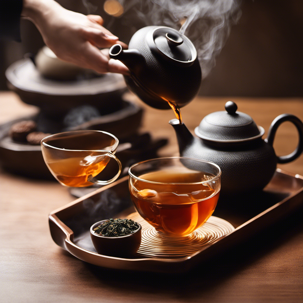 An image showcasing a serene tea ceremony: a delicate porcelain teapot pouring steaming amber liquid into a perfectly transparent glass cup, with a tea timer, a tray of fragrant tea leaves, and a vintage tea set in the background