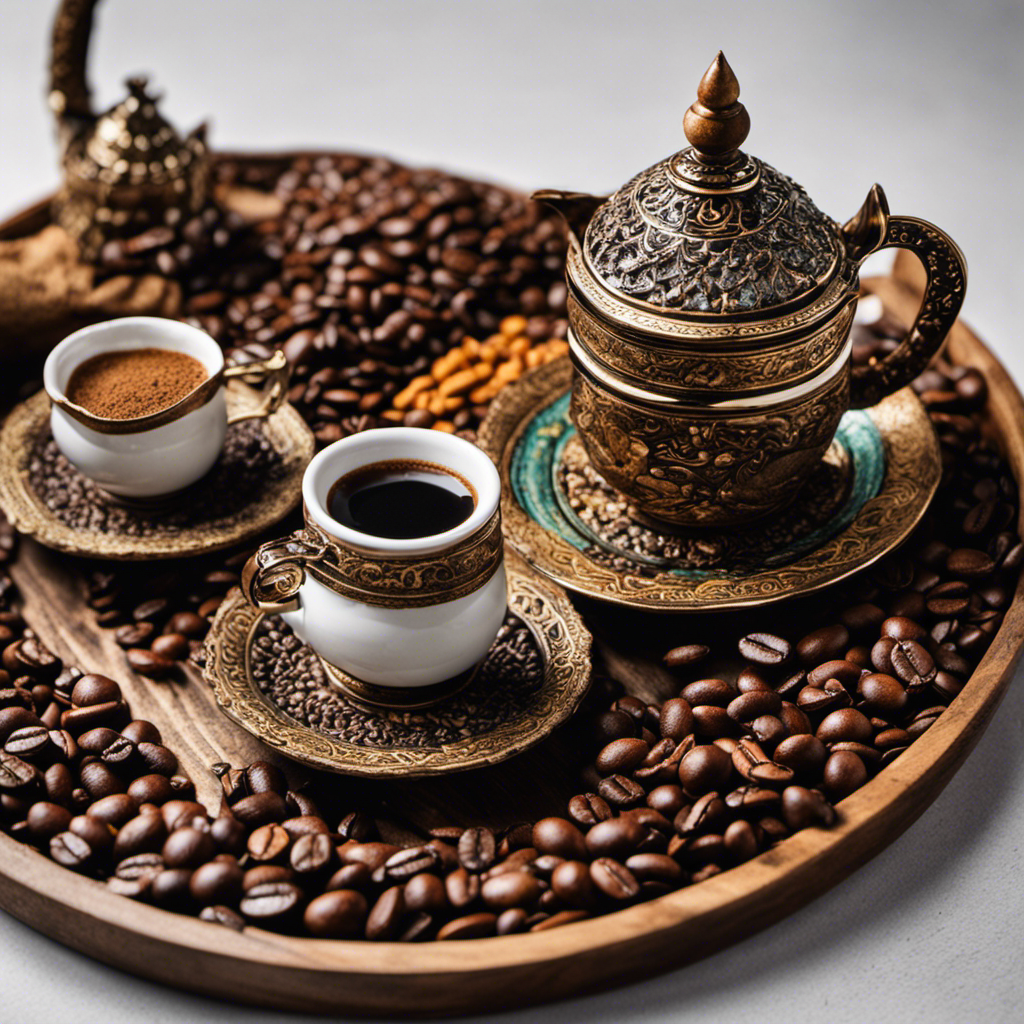 An image featuring a rustic wooden table adorned with a richly patterned Turkish coffee set, surrounded by an array of vibrant coffee beans, showcasing the evolution of coffee culture through time