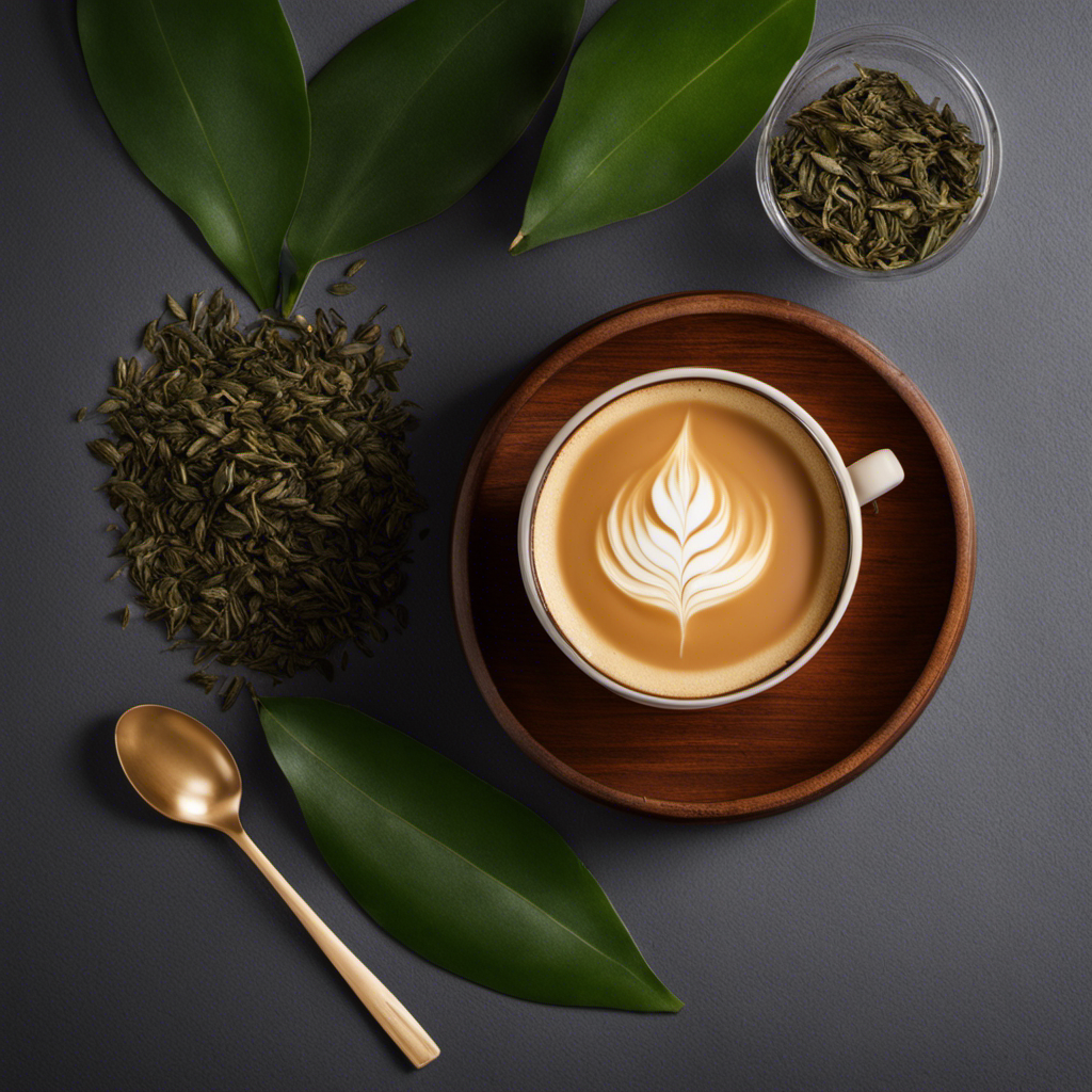 An image capturing the serene elegance of a hojicha latte: a velvety blend of roasted green tea leaves, cascading into a ceramic cup, adorned with wisps of creamy foam, surrounded by delicate tea leaves