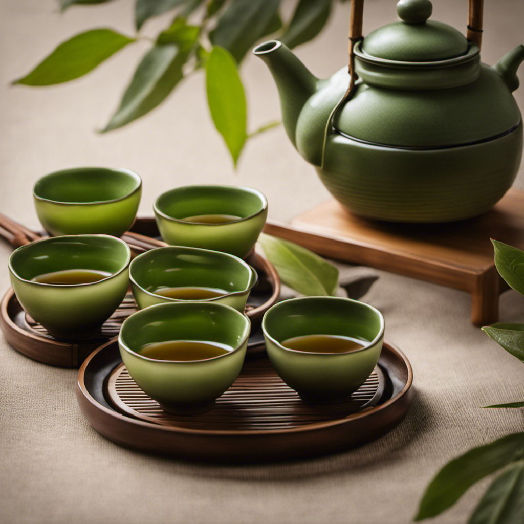 An image showcasing a traditional Japanese tea ceremony: A graceful hand pouring vibrant green tea from a delicate kyusu teapot into small ceramic cups, surrounded by elegant tea leaves and a serene backdrop of a zen garden
