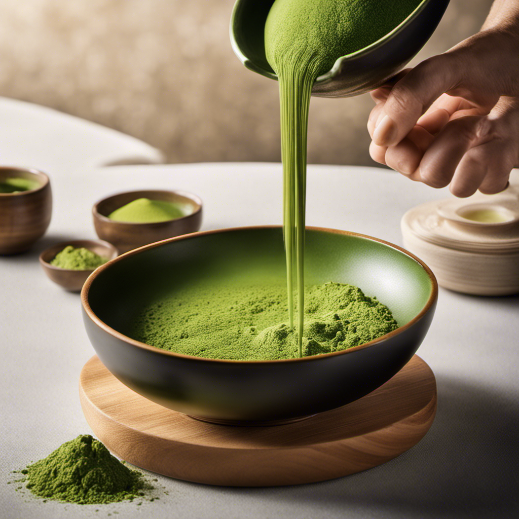 An image capturing the serene essence of matcha preparation: a graceful hand whisking vibrant green powder into a delicate ceramic bowl, with wisps of steam rising, sunlight gently illuminating the scene