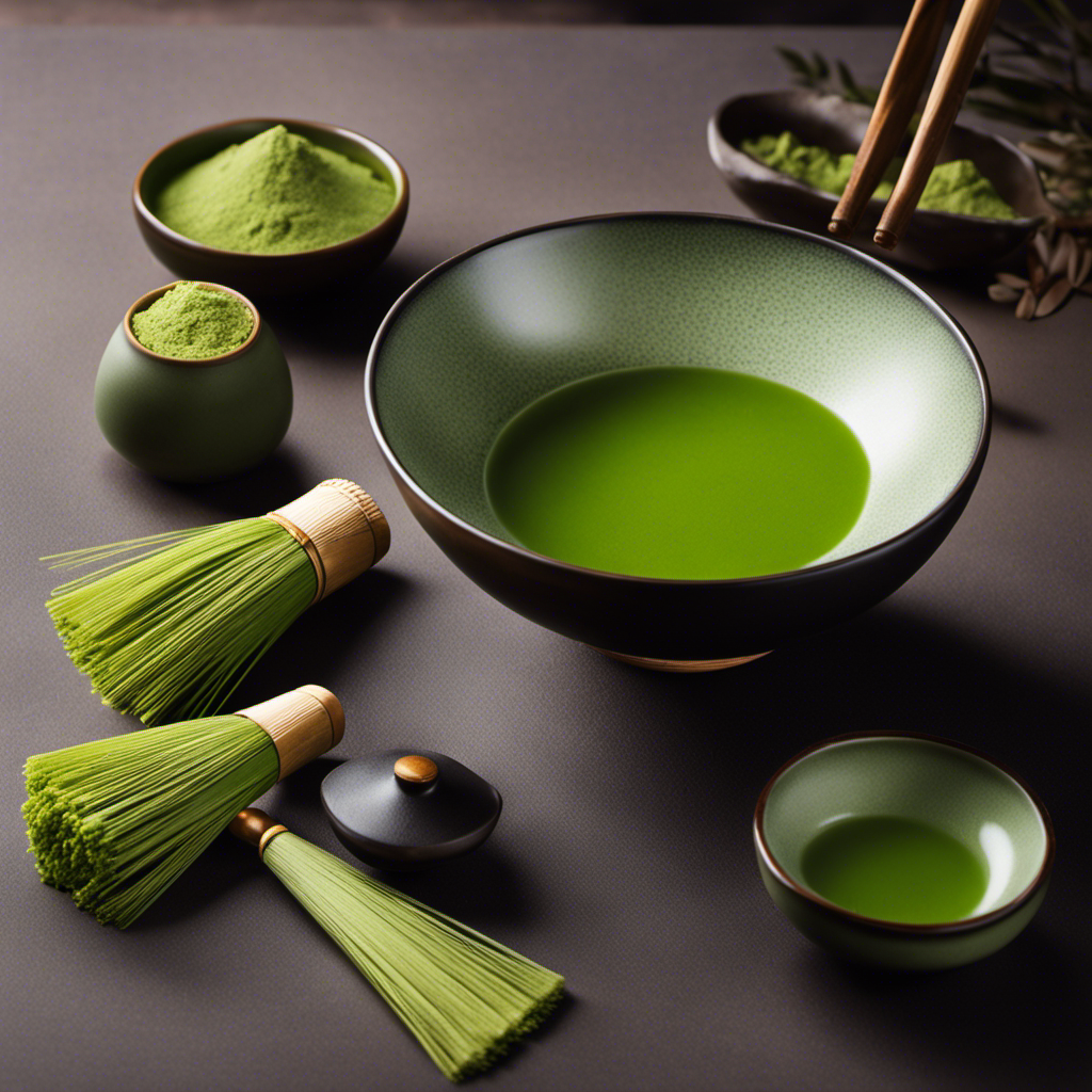 An image capturing the elegance of matcha whisking: a serene Japanese tea ceremony unfolds as a skilled hand gracefully whisks vibrant green matcha powder into a frothy, velvety elixir in a traditional, meticulously crafted bowl