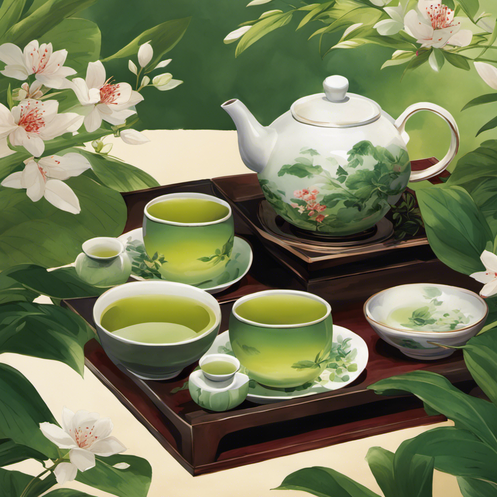 An image capturing the serene beauty of a traditional Japanese tea ceremony, with a graceful hand pouring vibrant green tea into a delicate cup, surrounded by lush tea leaves and an air of tranquility