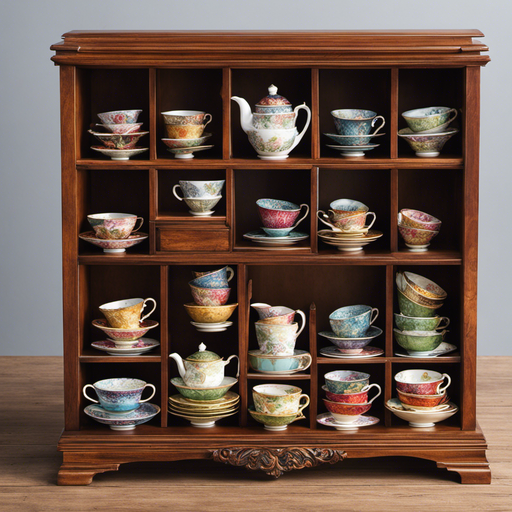 An image capturing the serene beauty of a weathered, mahogany tea chest adorned with vibrant porcelain teacups, their kaleidoscope of hues reflecting the passage of time and the artistry of aging