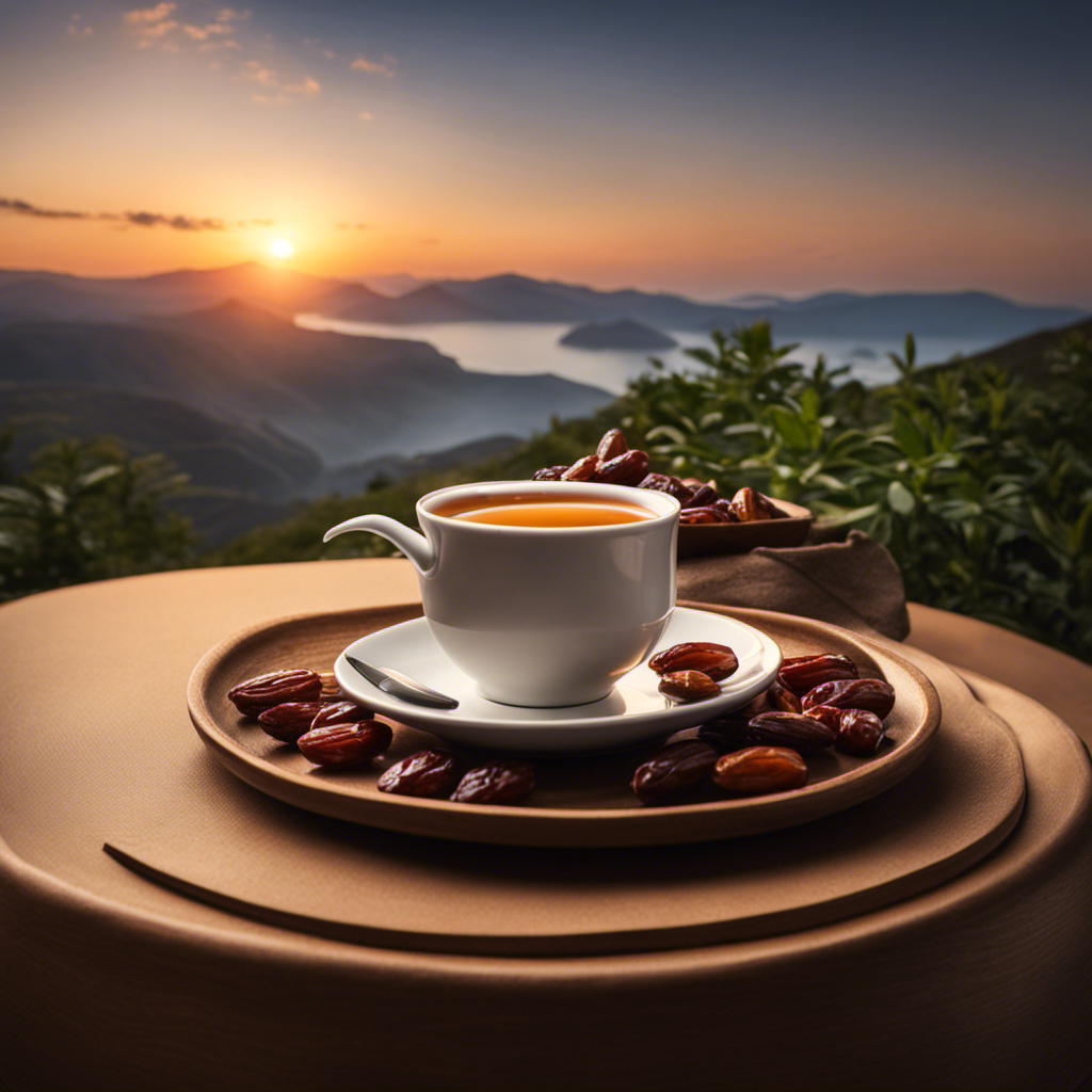 An image showcasing a serene and minimalist scene with a steaming cup of herbal tea next to a plate of dates and a sunrise in the background, symbolizing the calming and nourishing benefits of tea during fasting