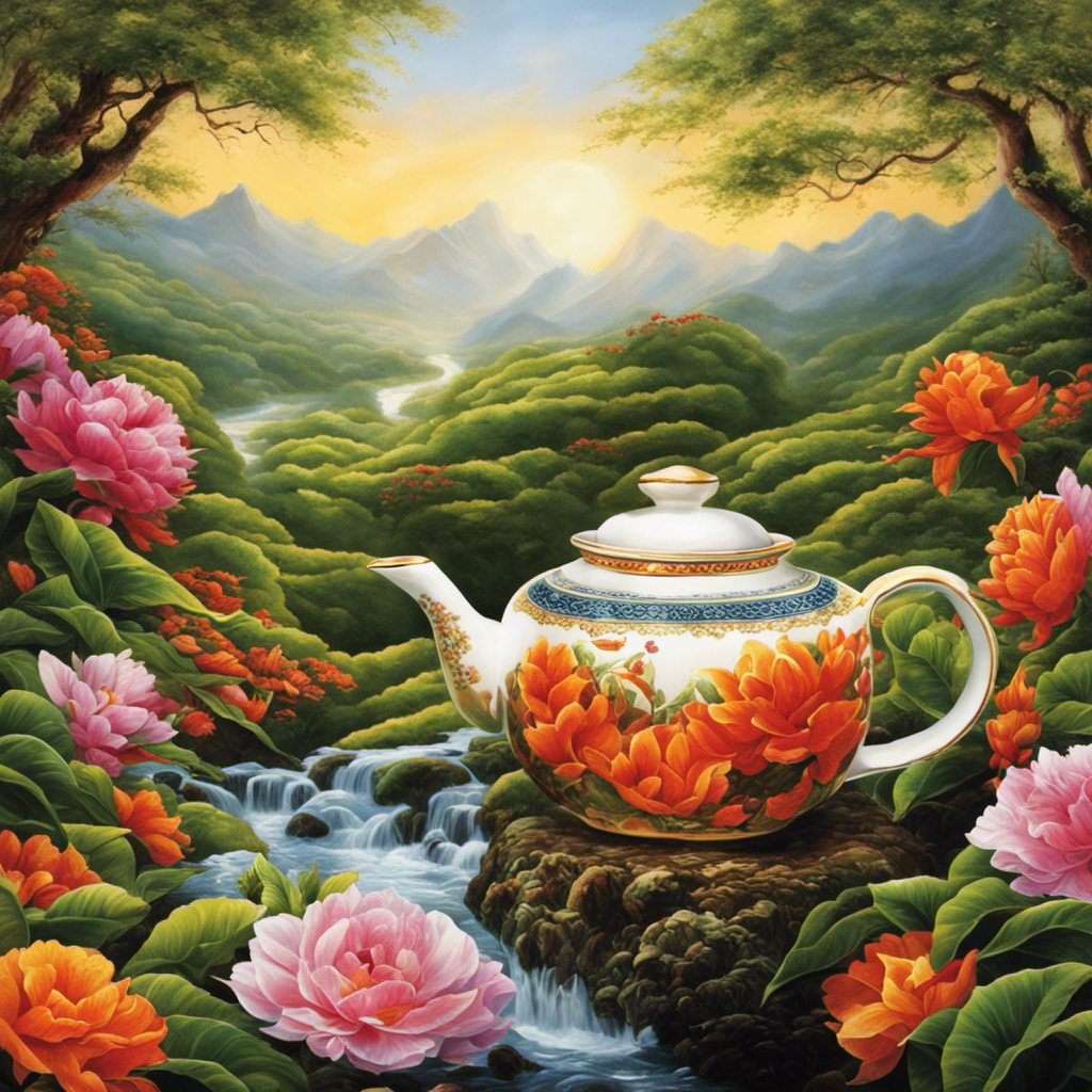 An image showcasing a vibrant teapot pouring a stream of invigorating tea into a delicate porcelain cup, surrounded by a lush backdrop of tea leaves, symbolizing the potency and energy of tea