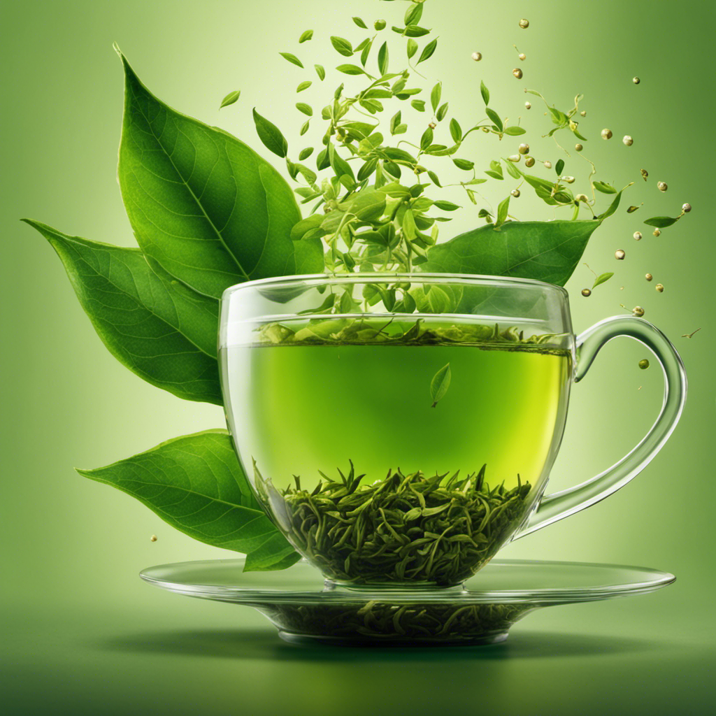 An image showcasing a vibrant green tea leaf surrounded by swirling molecules of caffeine and theanine, symbolizing the intricate chemistry behind green tea's unique properties