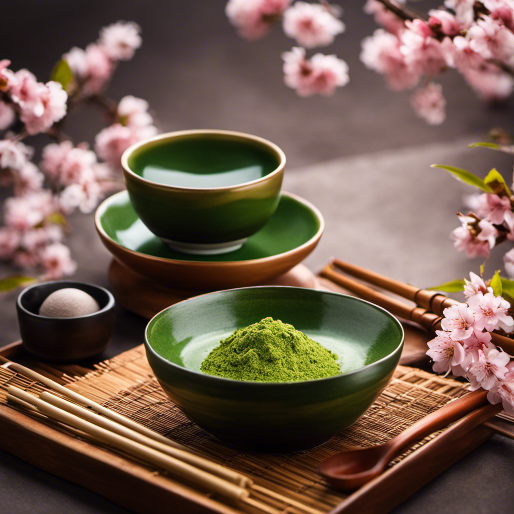 An image showcasing a beautifully arranged Japanese tea ceremony set - a vibrant green matcha bowl, a bamboo whisk elegantly placed beside it, a traditional ceramic spoon, and a serene backdrop of blooming cherry blossoms