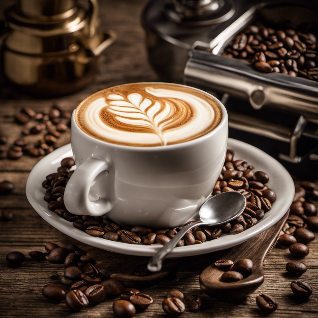 An image capturing the cultural history of cappuccino: a porcelain cup filled with creamy, frothy coffee, adorned with delicate latte art, sitting atop a rustic wooden table, surrounded by coffee beans and a vintage Italian espresso machine