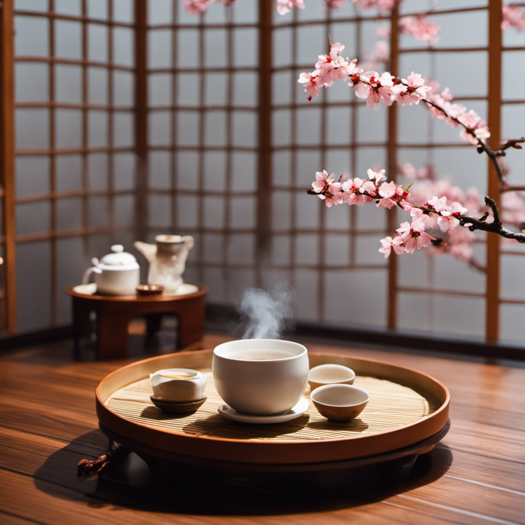 An image with a traditional Japanese tea ceremony set on a tatami mat, showcasing a steaming cup of Genmaicha tea, surrounded by delicate cherry blossoms, evoking tranquility and the essence of Japanese culture