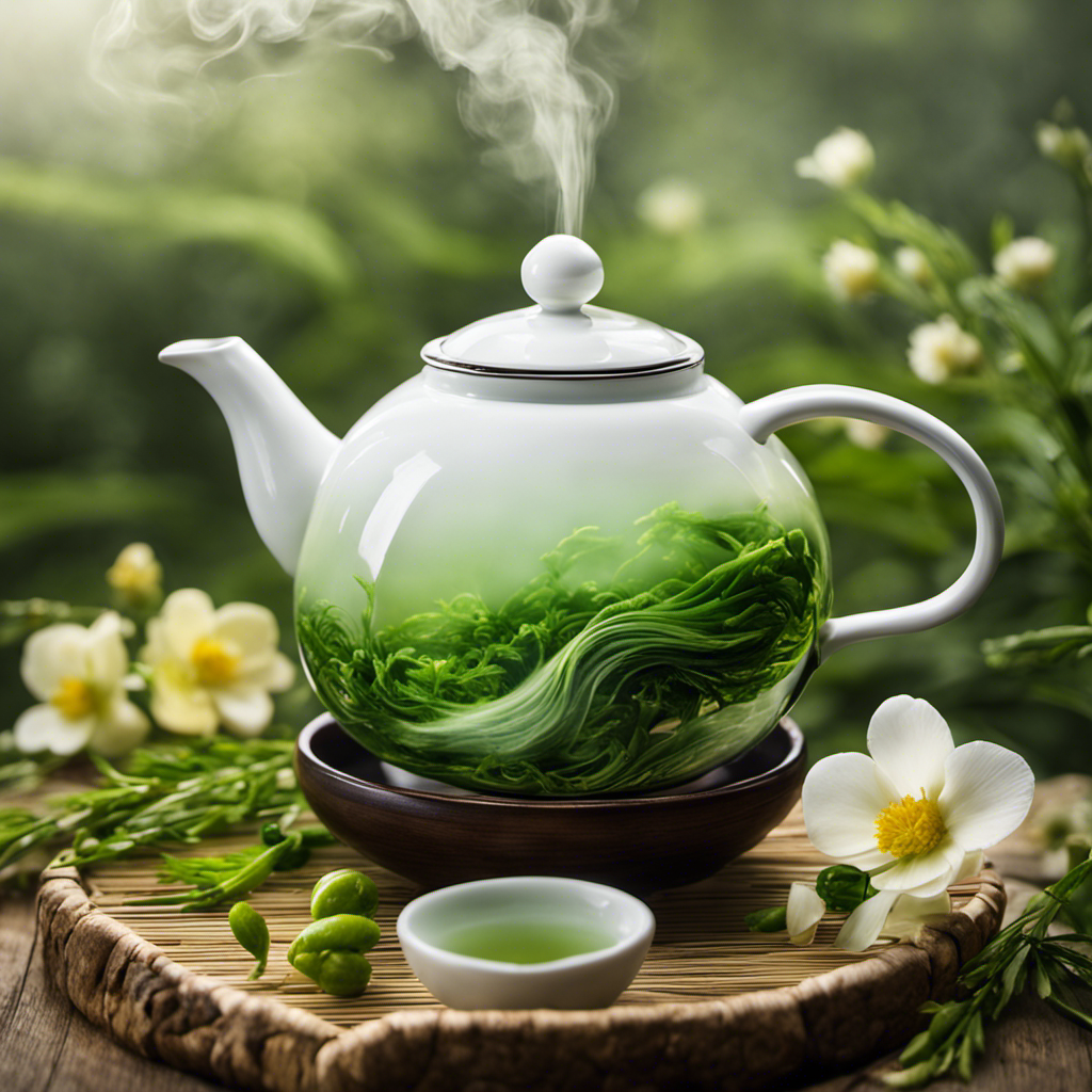 the essence of tranquility with a mesmerizing image of a steaming teapot, pouring vibrant green Gyokuro Genmaicha tea into a delicate porcelain cup