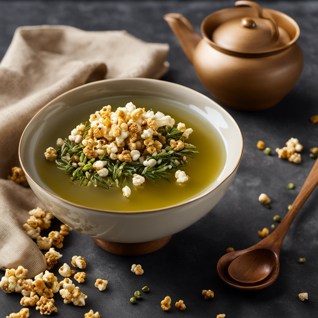 An image that captures the cozy essence of Genmaicha tea: a steaming cup surrounded by a bowl of creamy oatmeal, adorned with crunchy popcorn kernels