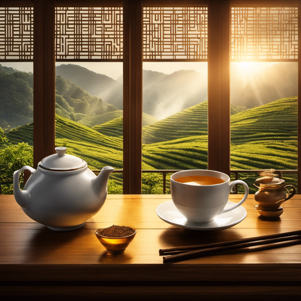 An image evoking the delightful world of roasted teas: a steaming cup of golden Hojicha rests on a rustic wooden table, surrounded by fragrant tea leaves, while rays of sunlight filter through a nearby window, casting a warm glow