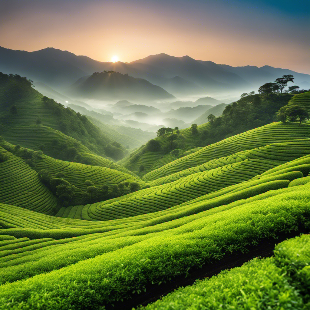 Rizing image depicting a lush Japanese tea plantation at sunrise, with delicate emerald tea leaves glistening with dewdrops, surrounded by mist-covered mountains