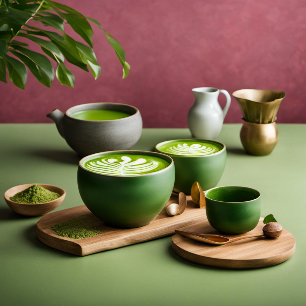 An image showcasing a vibrant, emerald green matcha latte, frothy and inviting, with delicate swirls of steam rising above it