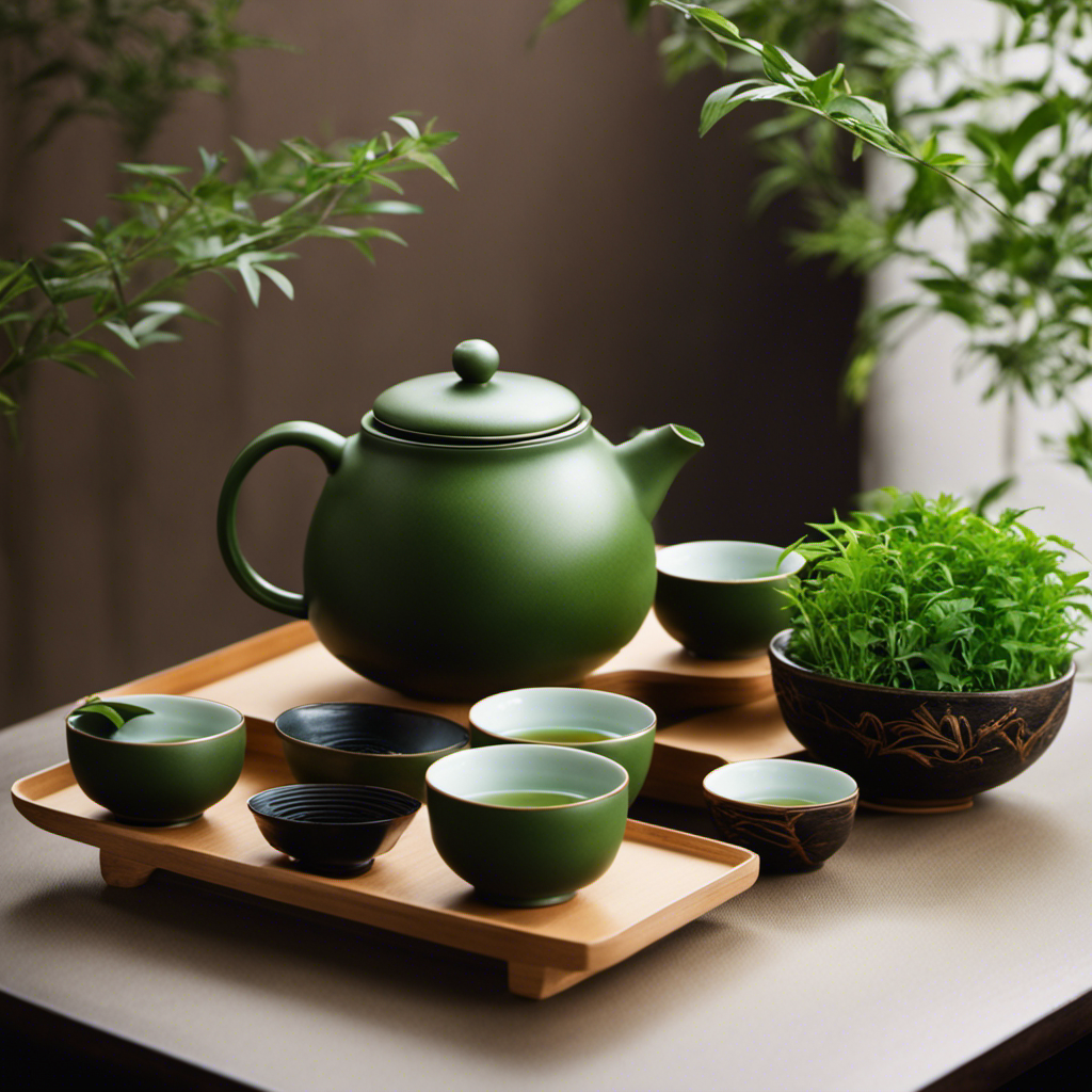 An image showcasing a serene Japanese tea ceremony with a traditional handcrafted tea set