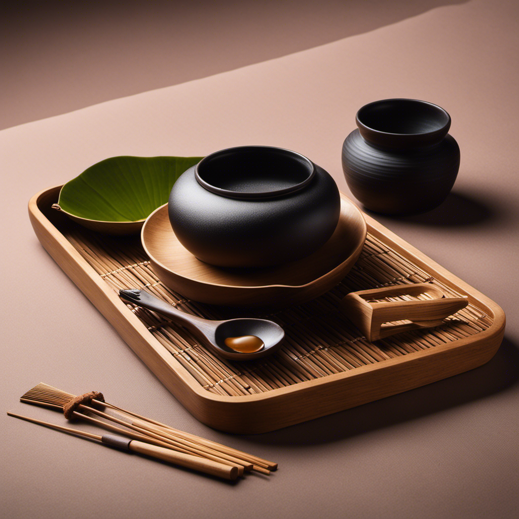An image showcasing a pristine, minimalist Japanese tea room adorned with a meticulously arranged set of tea utensils: a serene tea bowl, an exquisite bamboo whisk, a delicate tea scoop, and a refined water jar