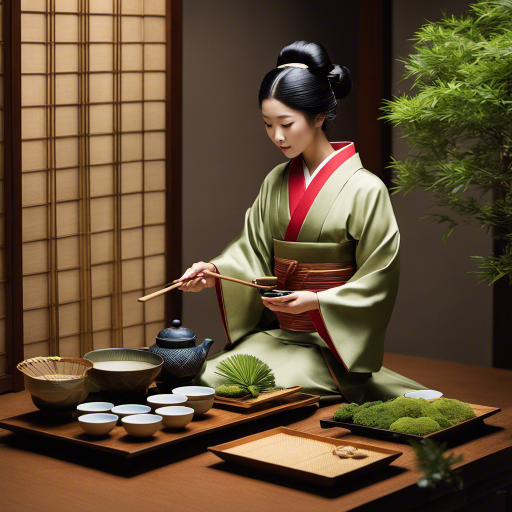 An image capturing the serene beauty of a traditional Japanese tea ceremony: a graceful kimono-clad hostess gracefully pouring tea into delicate cups, surrounded by meticulously arranged bamboo utensils and a tranquil garden backdrop