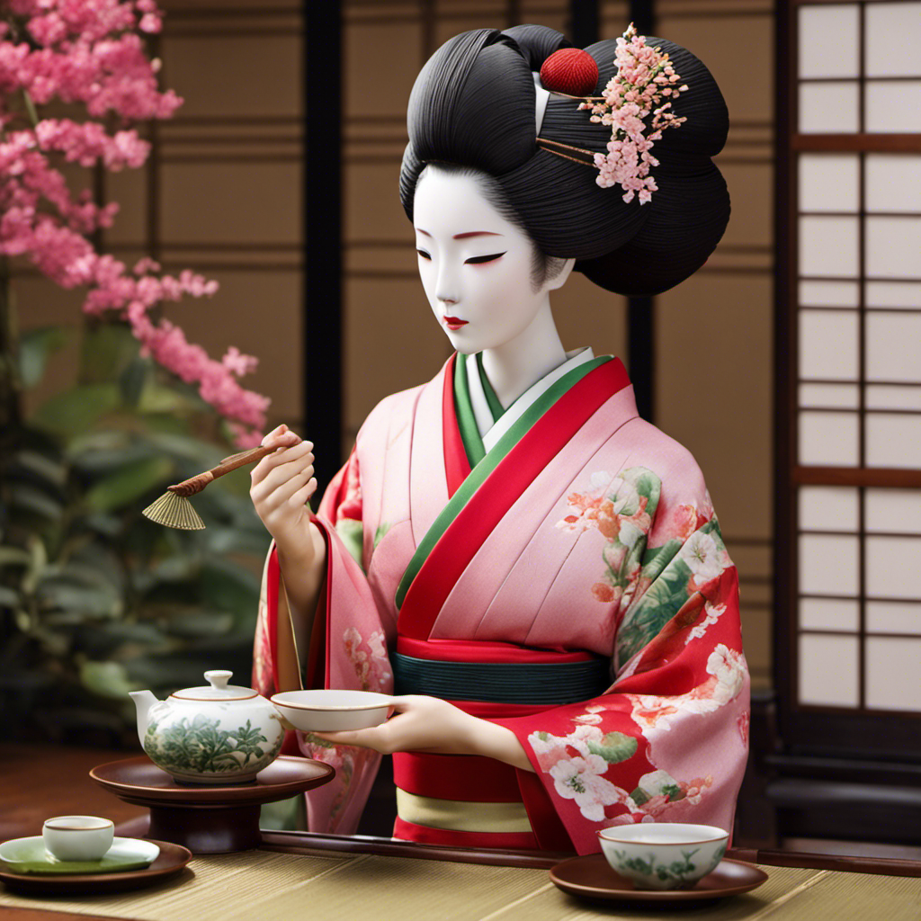 An image capturing the serene elegance of a traditional Japanese tea ceremony: a graceful geisha, dressed in a vibrant kimono, carefully pouring vibrant green tea into a delicate porcelain cup