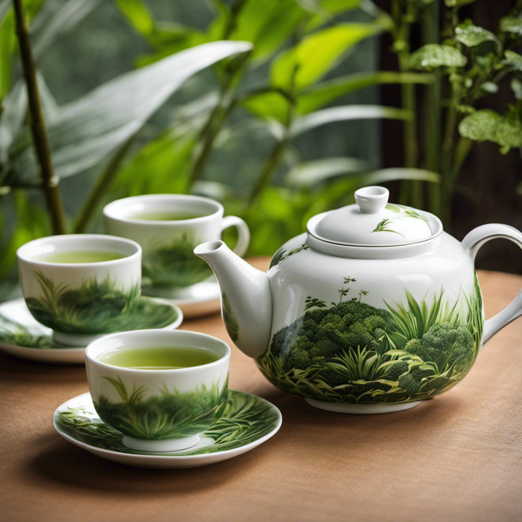 An image showcasing a delicate porcelain tea set, adorned with vibrant green Gyokuro Genmaicha leaves