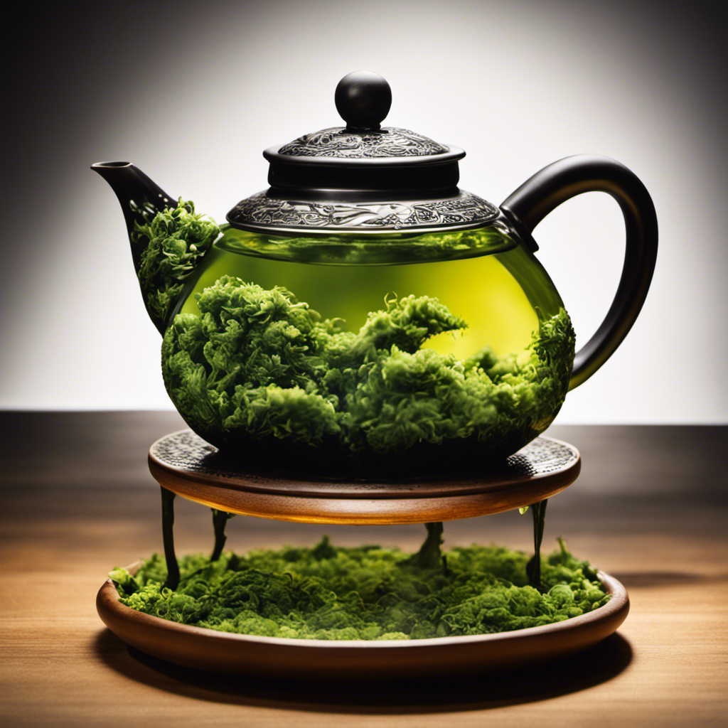 An image featuring a ceramic teapot filled with steaming brown-green tea