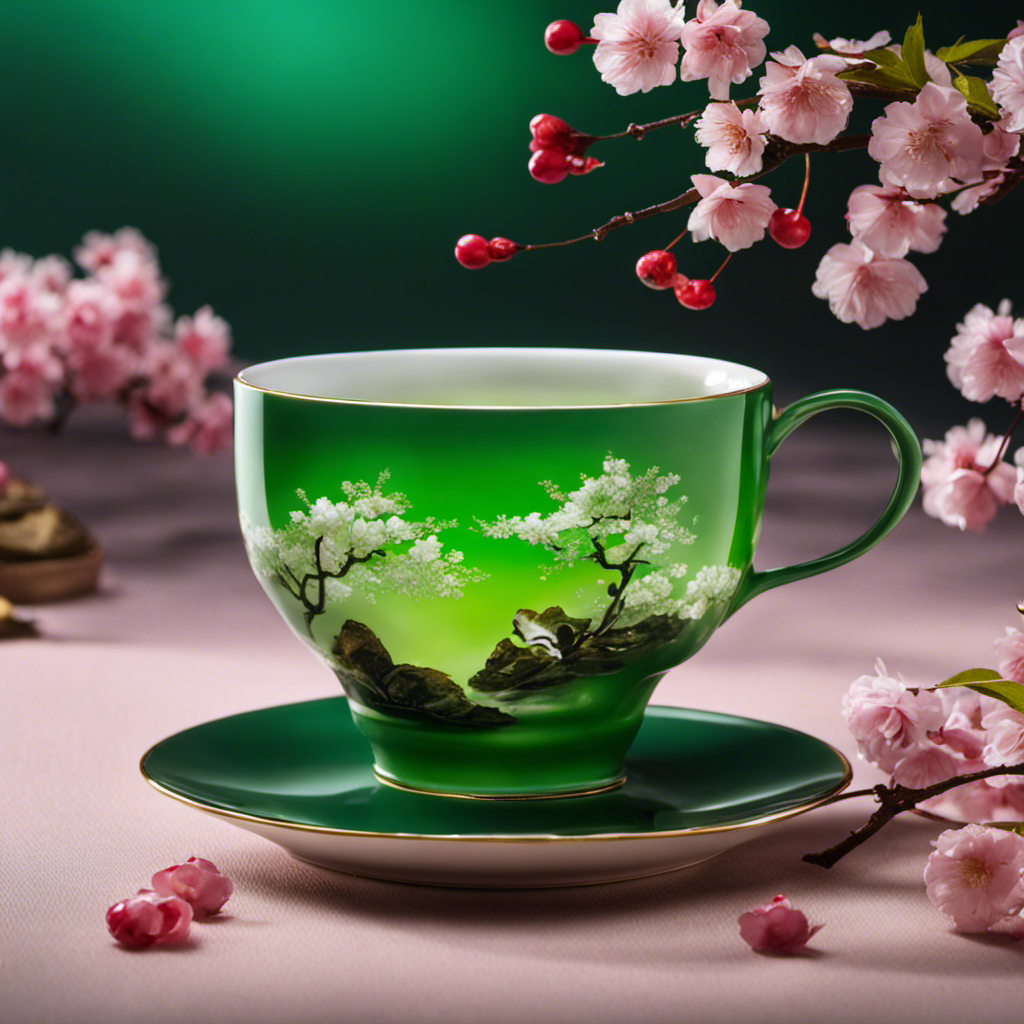An image that captures the essence of Japanese green tea: a delicate porcelain teacup, filled with vibrant emerald liquid, surrounded by a serene Zen garden, with a cascade of cherry blossoms gently falling in the background