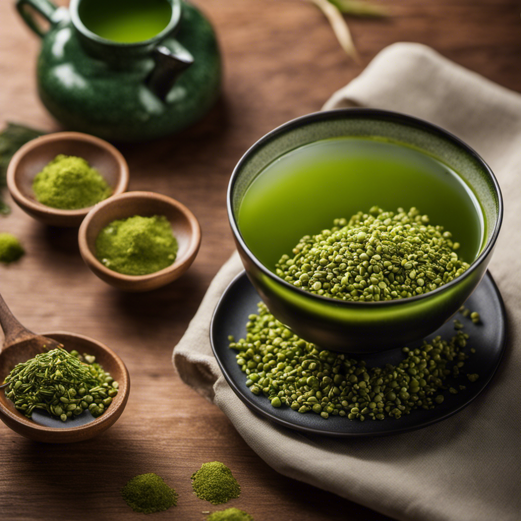 An image showcasing a vibrant, emerald-hued cup of Matcha Iri Genmaicha, exuding a gentle steam