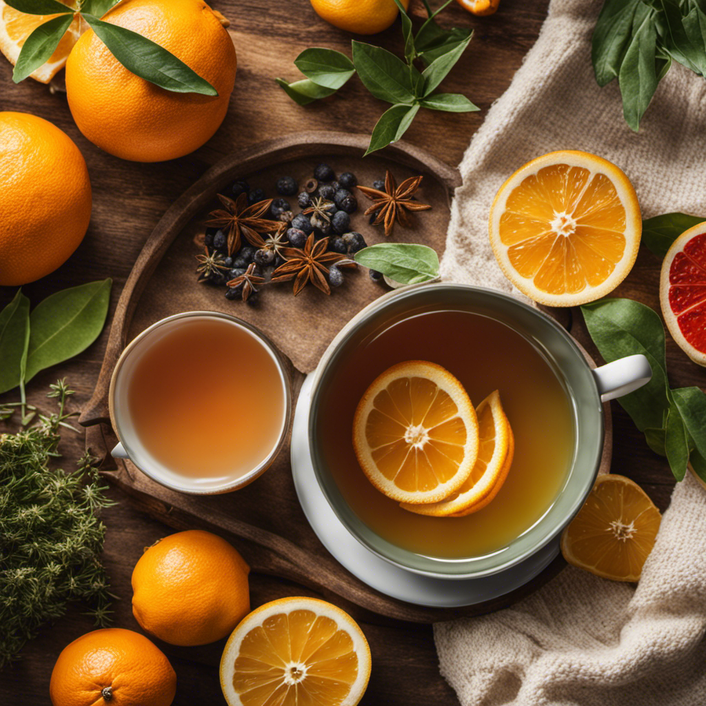 An image depicting a cozy scene with a steaming cup of herbal tea, surrounded by vibrant citrus fruits, aromatic herbs, and a warm blanket, showcasing the soothing and healing properties of tea in battling cold and flu