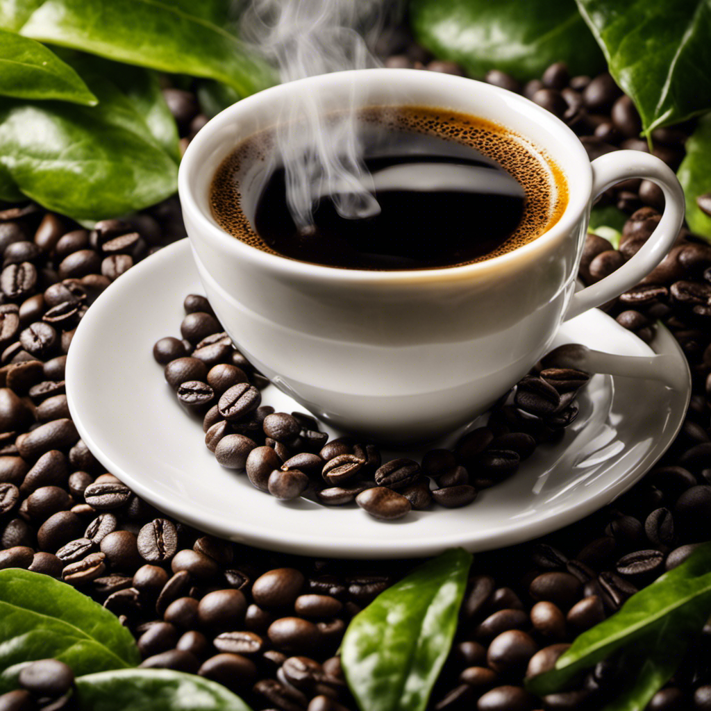 An image that showcases an elegant porcelain cup filled with steaming black coffee, surrounded by vibrant green coffee beans
