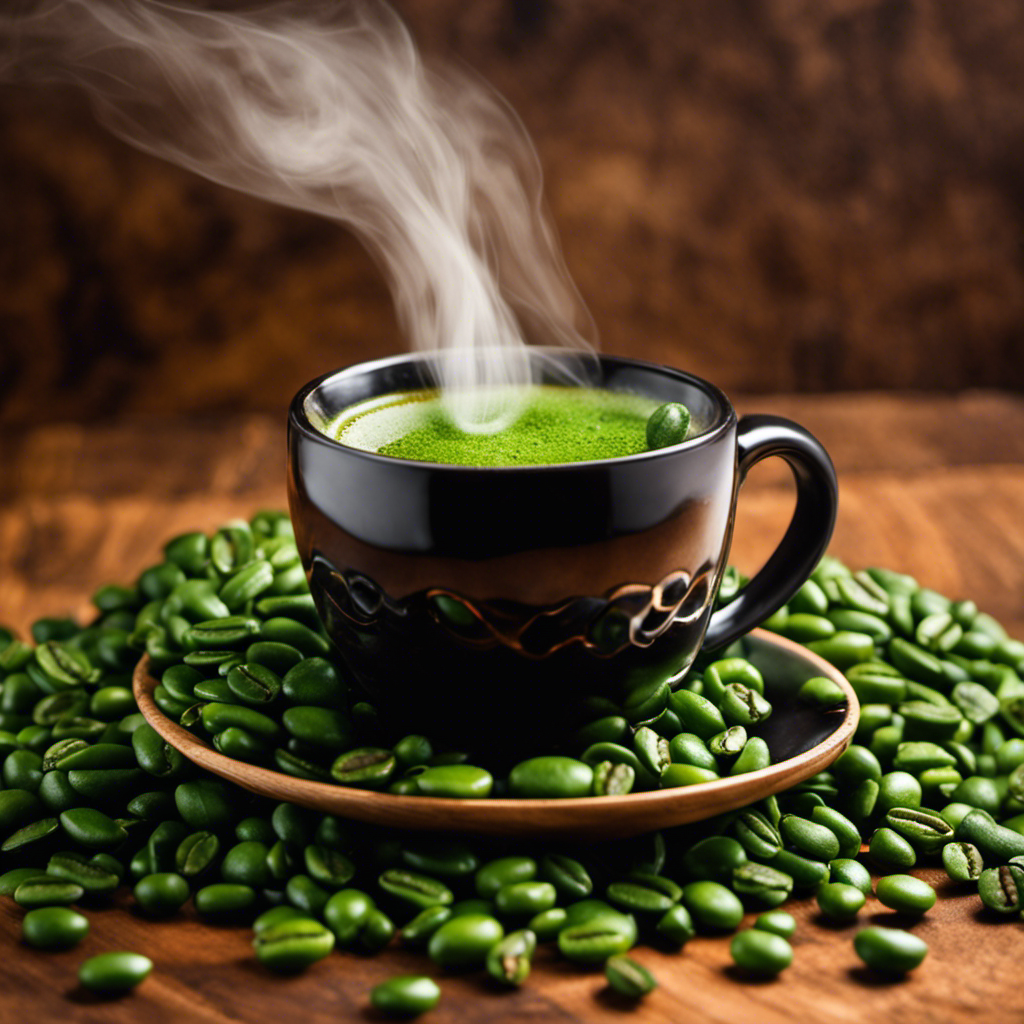 An image showcasing a steaming cup of black coffee, elegantly presented on a wooden table, surrounded by vibrant green coffee beans, emanating an inviting aroma that captivates the senses