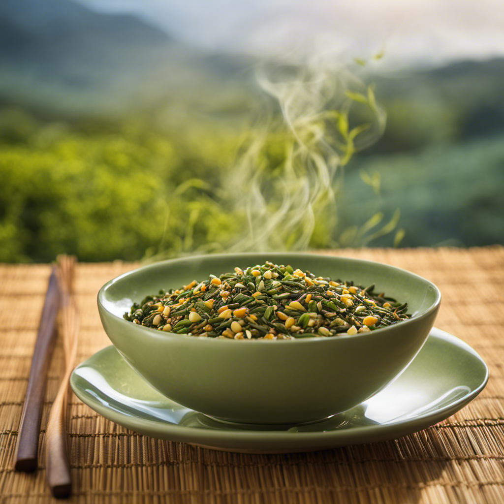 An image featuring a steaming cup of genmaicha, immersed in a serene ambiance
