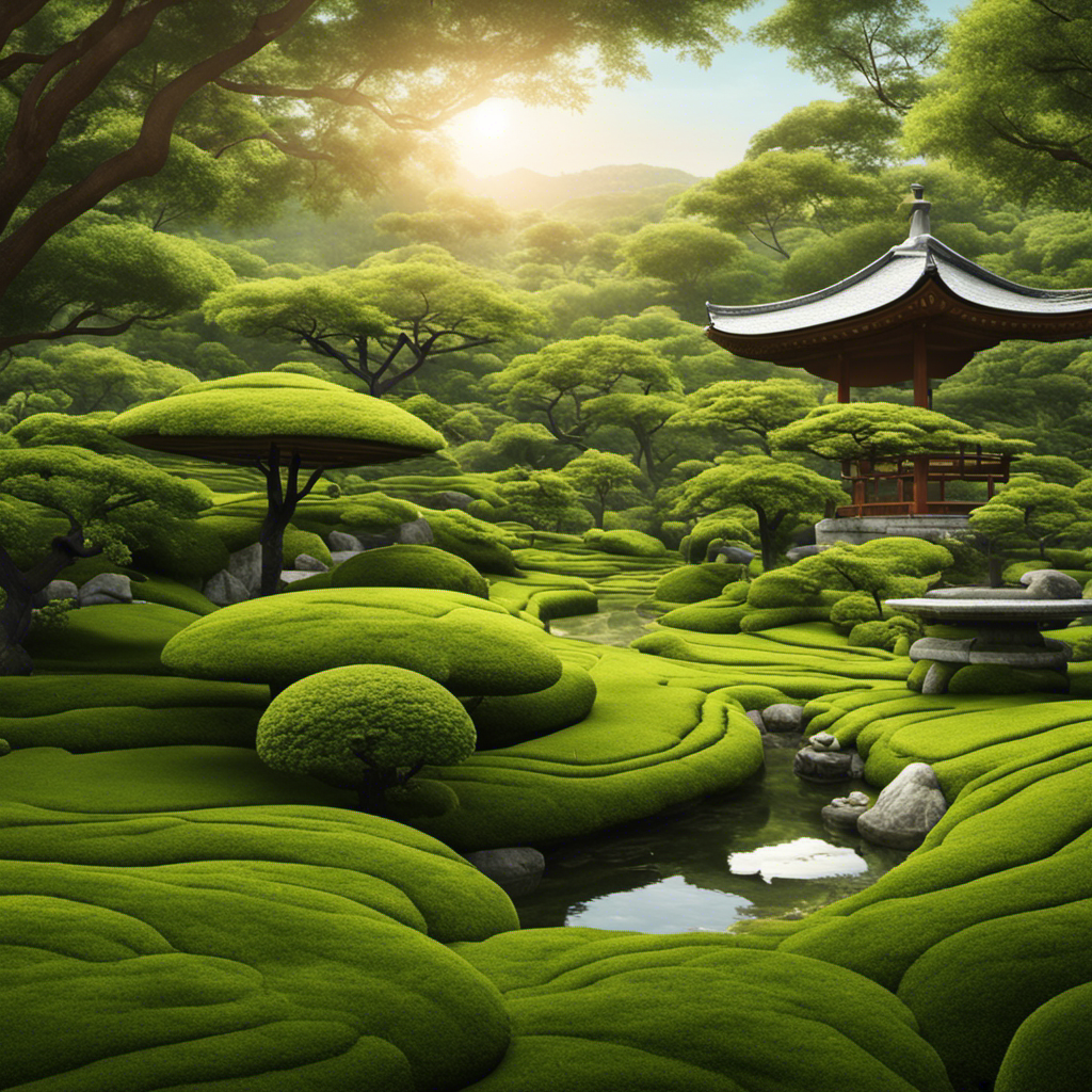 An image showcasing a tranquil Japanese tea garden, with lush green tea bushes flourishing beneath a delicate bamboo shade, evoking the serene ambiance that surrounds the healthful and revered Gyokuro tea