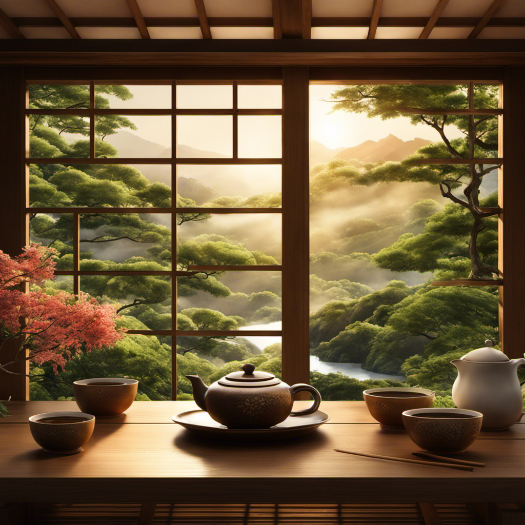 An image featuring a serene, sunlit Japanese tea room with a steaming cup of Hojicha tea on a wooden table, surrounded by lush greenery