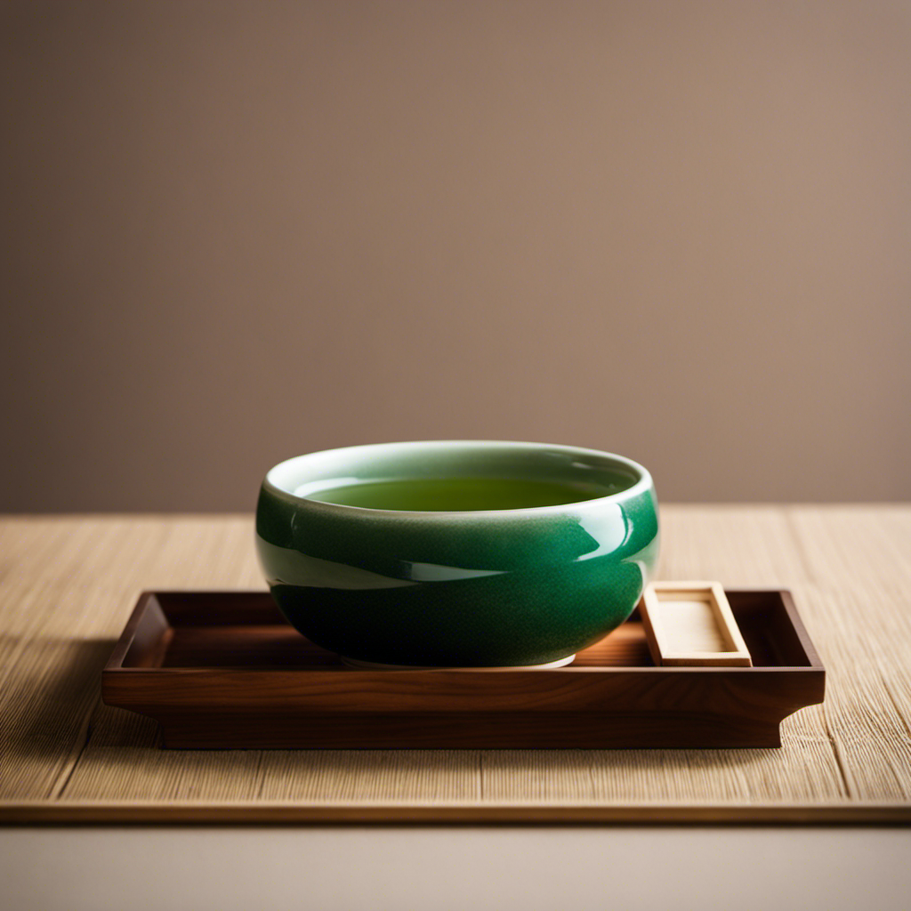 An image of a delicate, emerald-hued cup of Gyokuro tea, elegantly nestled on a Japanese wooden tray