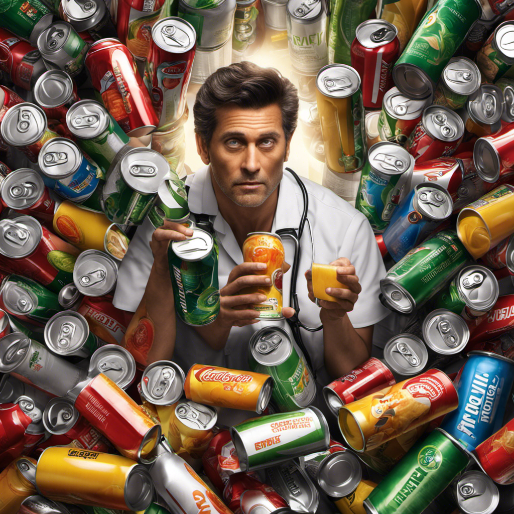 An image that showcases a person surrounded by empty energy drink cans, while a doctor holds a healthy smoothie in one hand and a concerned expression on their face, emphasizing the contrasting impact on health