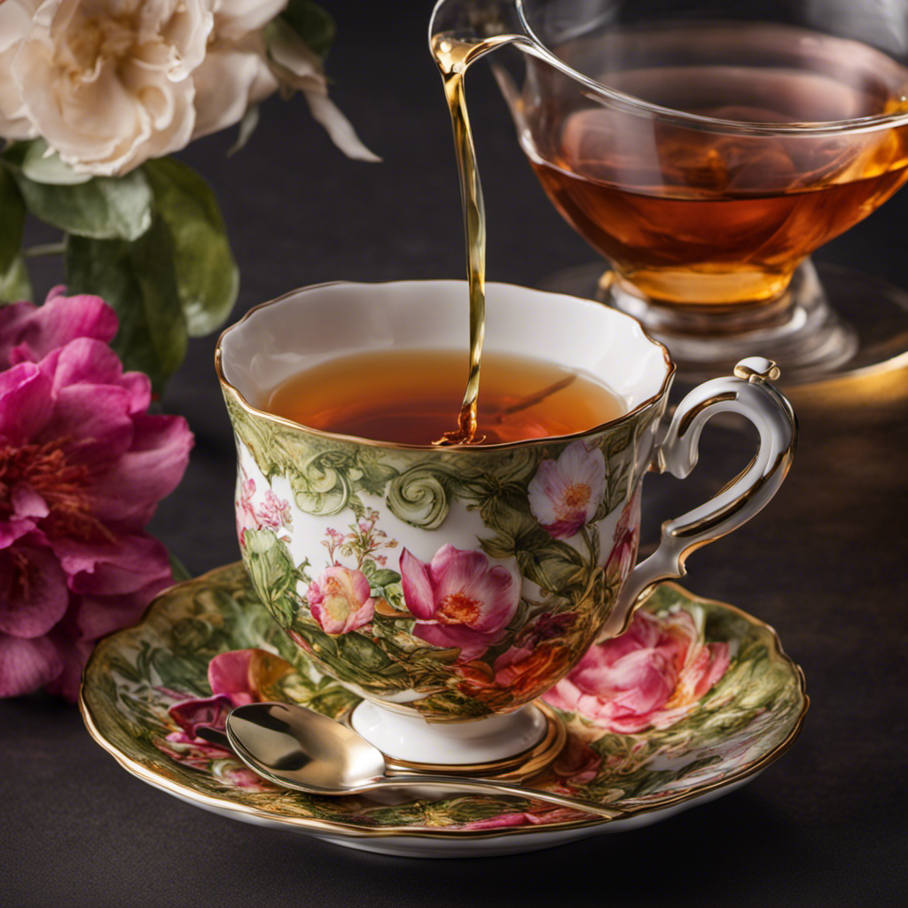An image that showcases a teacup filled with a fragrant brew, as delicate tea leaves elegantly unfurl from a teabag