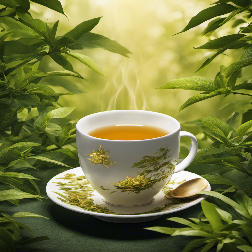 An image showcasing a serene scene of a cup filled with warm, golden Hojicha tea, gently steaming, surrounded by lush green tea leaves, evoking a sense of tranquility and the natural low caffeine content