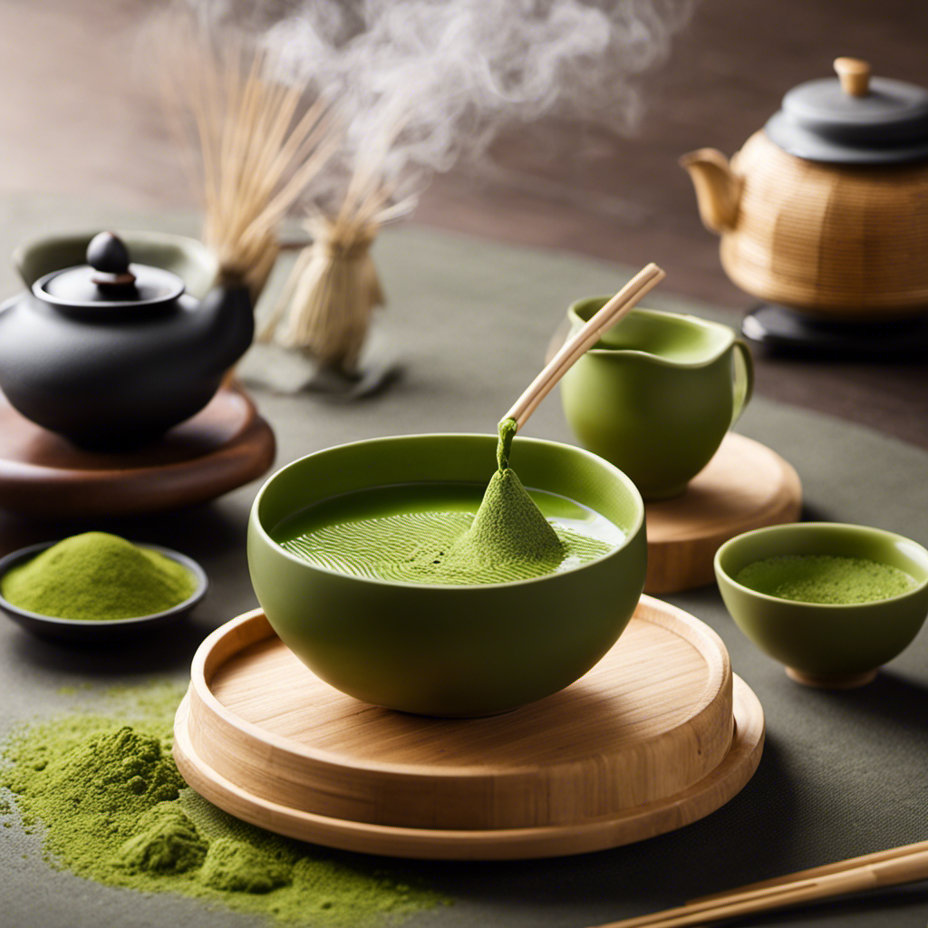 An image that captures the essence of matcha tea: a serene Japanese tea ceremony, a vibrant green powder whisked into a frothy concoction, delicate bamboo utensils, and the subtle aroma of freshly brewed tea filling the air