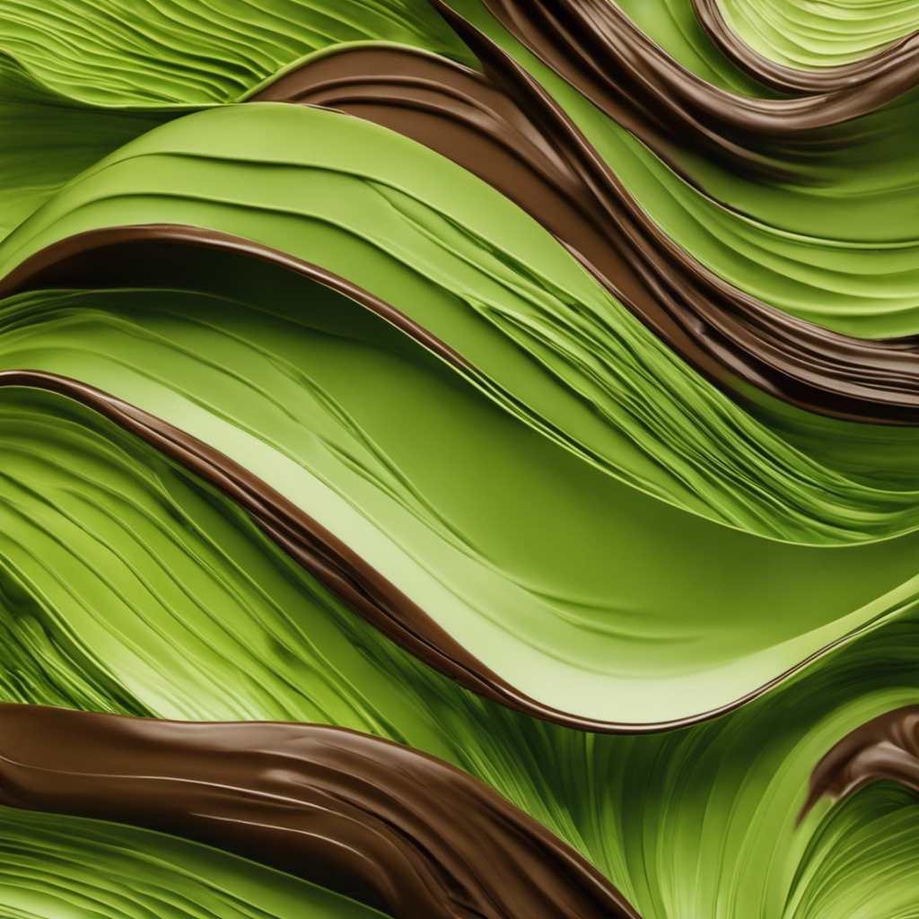 An image capturing the hypnotic swirls of vibrant green and rich chocolate brown as they intertwine flawlessly, showcasing the perfect harmony of a dirty matcha, adorned with a frothy layer of creamy goodness