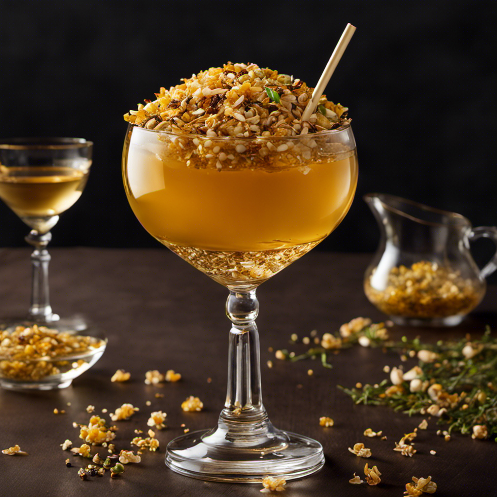 An image that showcases a glass filled with a captivating Genmaicha cocktail: a golden-hued elixir adorned with crushed toasted rice and almond flakes, exuding a tantalizing aroma of nuttiness and warmth
