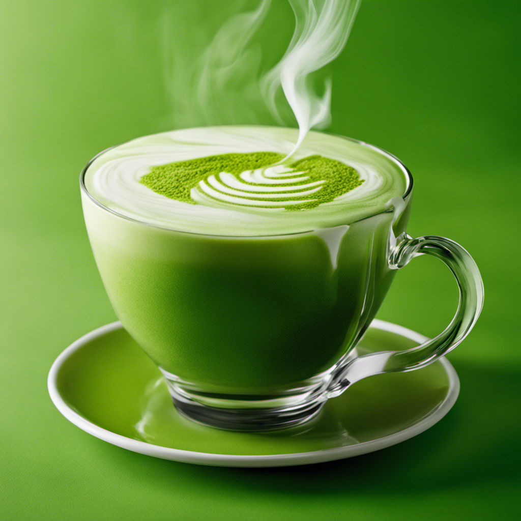 An image capturing the essence of a perfect matcha latte: a vibrant, frothy green concoction cascading from a ceramic cup, adorned with delicate foam art, as wisps of steam rise enticingly against a backdrop of lush green tea leaves
