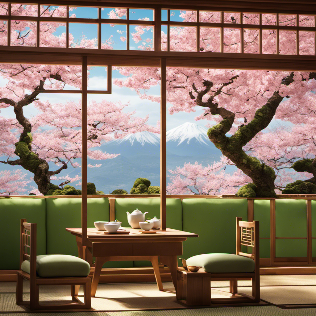 An image of a serene Japanese tea room, adorned with delicate cherry blossom motifs, where a gracefully poised tea master pours vibrant green matcha into a dainty cup, symbolizing the harmonious union of tradition, mindfulness, and tranquility