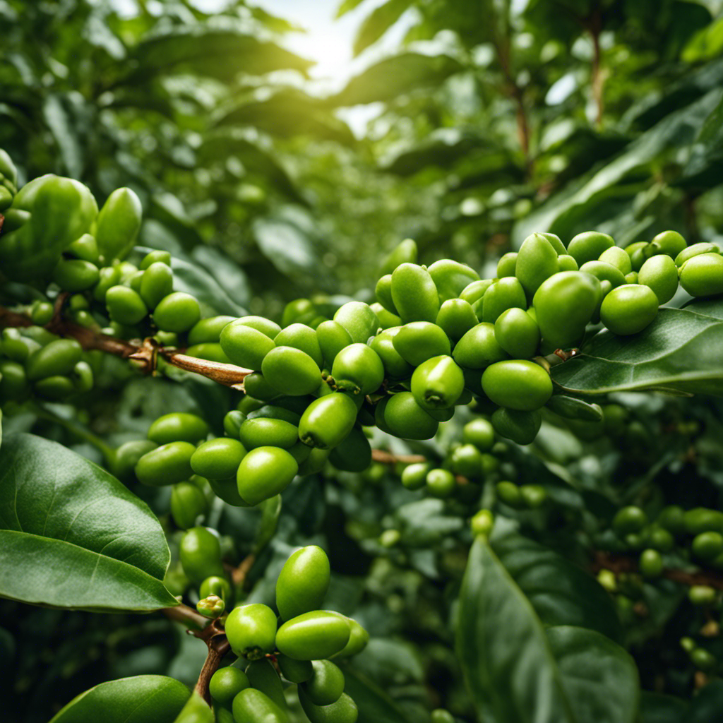 An image showcasing a vibrant green coffee bean plant thriving in a sunlit plantation, surrounded by lush foliage