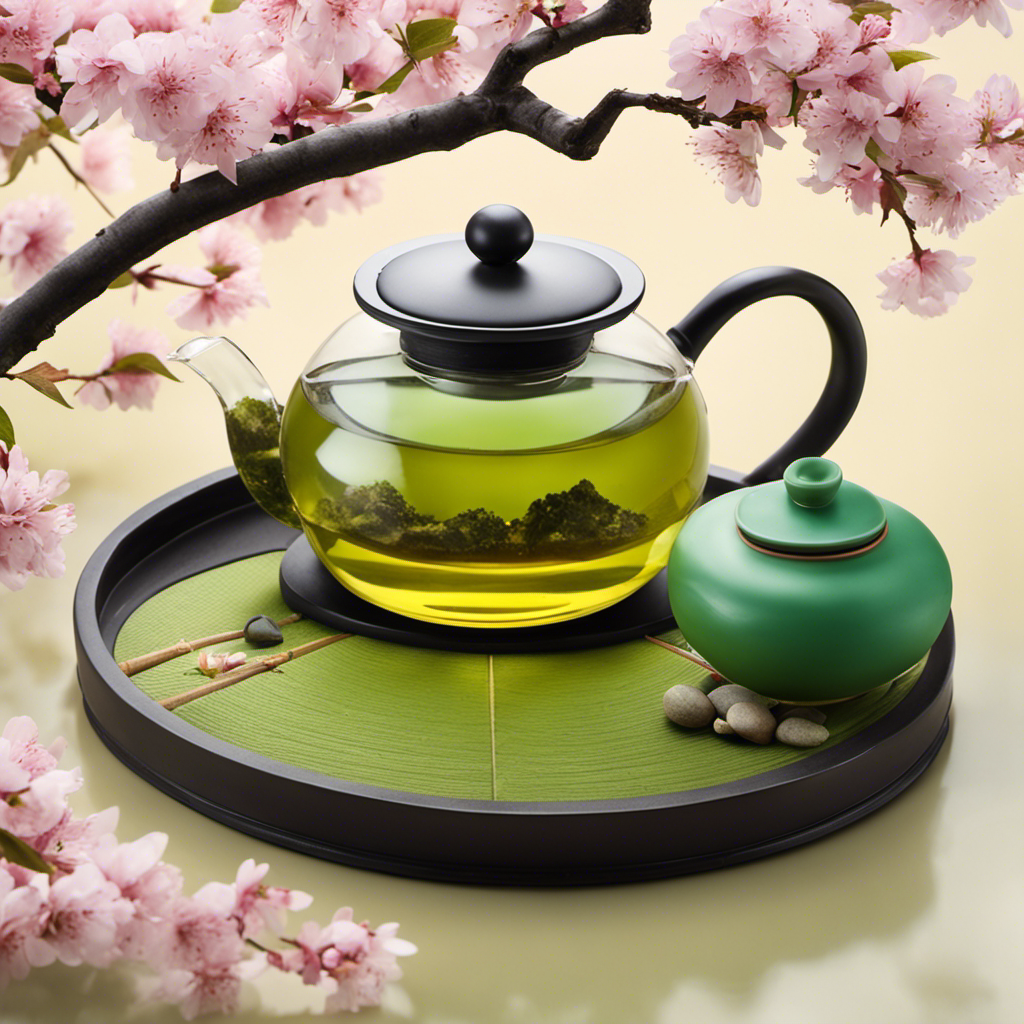 An image showcasing a serene Japanese tea ceremony scene: a delicate glass teapot pouring vibrant green Fukamushi Sencha tea into a traditional ceramic cup, surrounded by a tranquil Zen garden with blooming cherry blossoms
