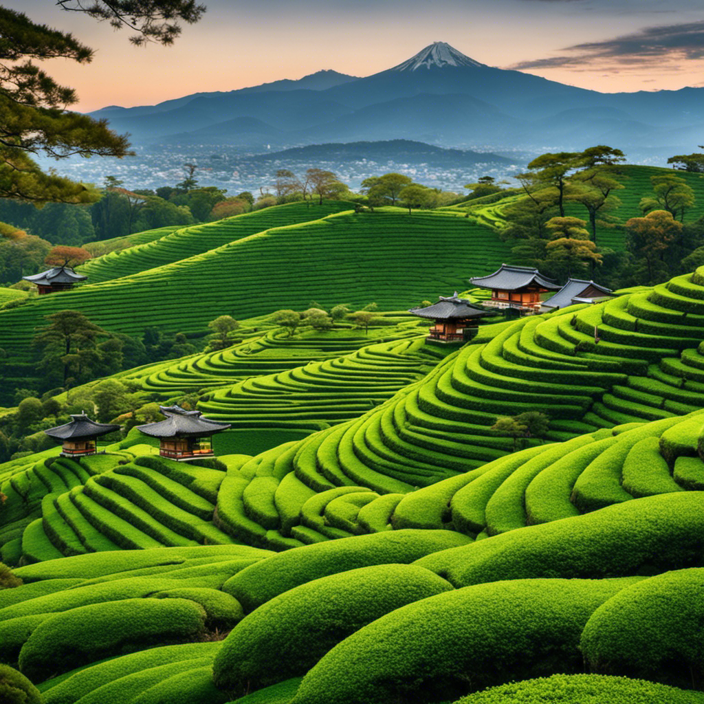An image showcasing the vivid emerald tea fields of Kyoto, Japan, stretching towards the horizon beneath the majestic backdrop of snow-capped mountains, while traditional tea farmers meticulously pluck leaves amidst centuries-old temples and tranquil bamboo groves
